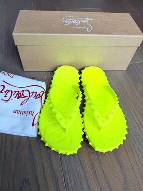Christian Louboutin Neon Yellow Spike-Trim Flip Flops sandal thong 37